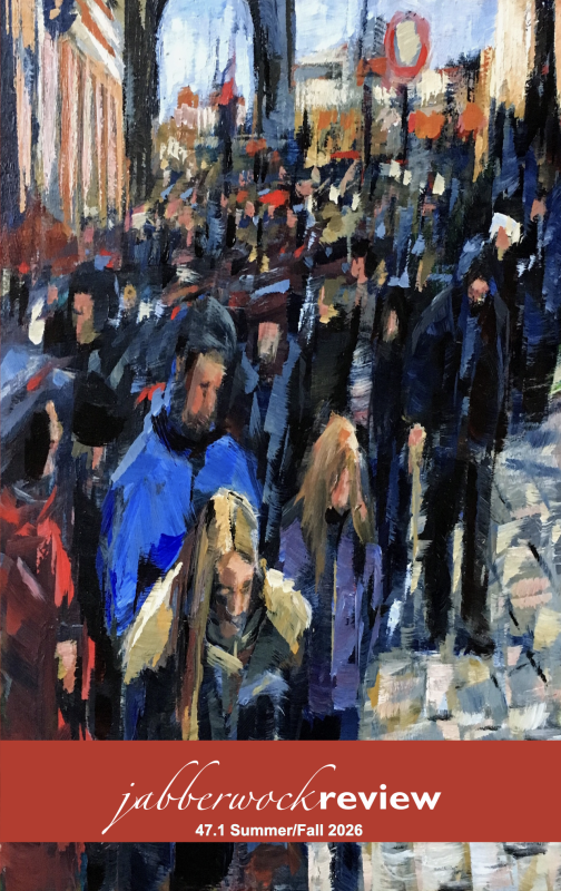 Abstract oil painting of a crowded city street in winter